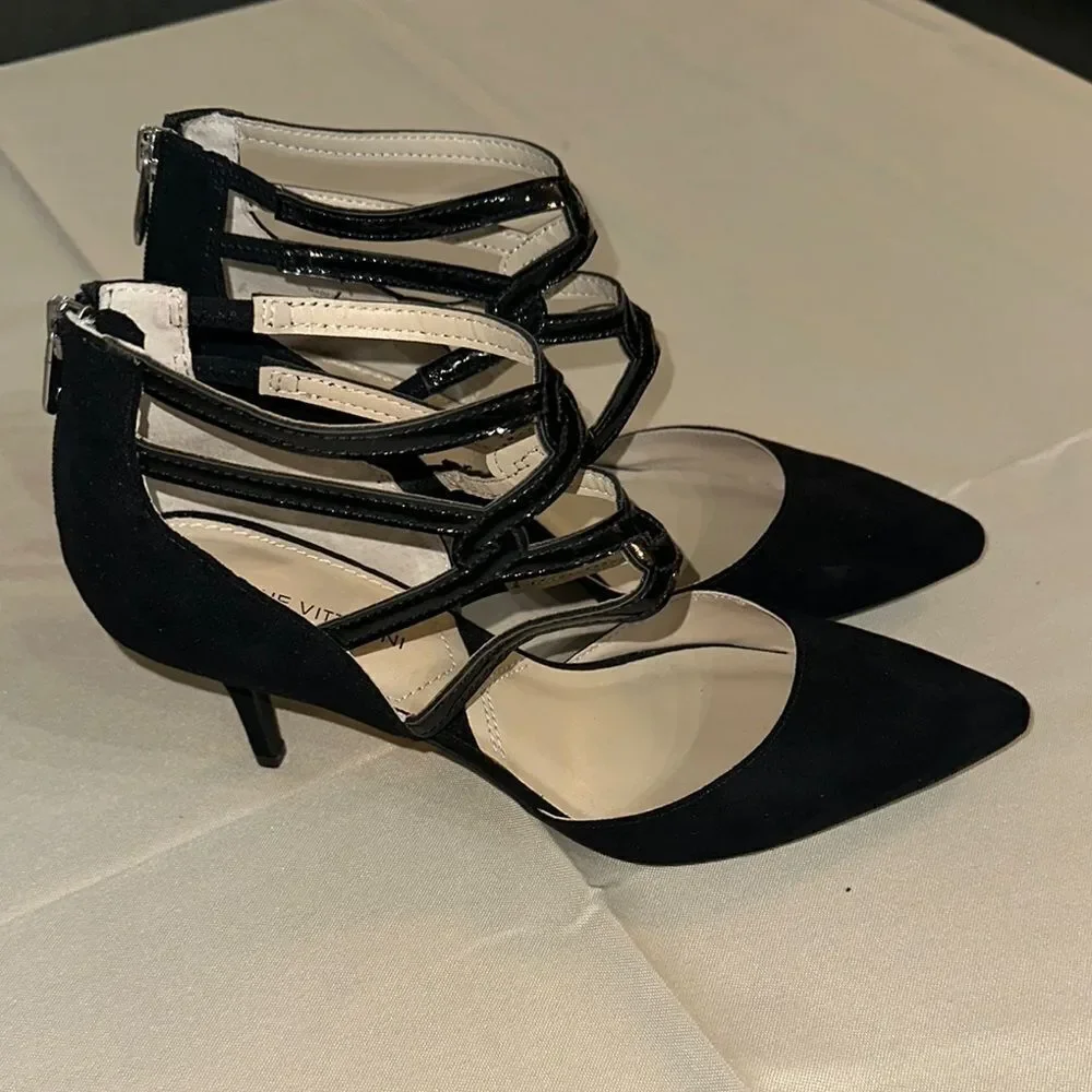 Adrienne Vitadini Black Strappy Heels with Pointed Toe Size 8